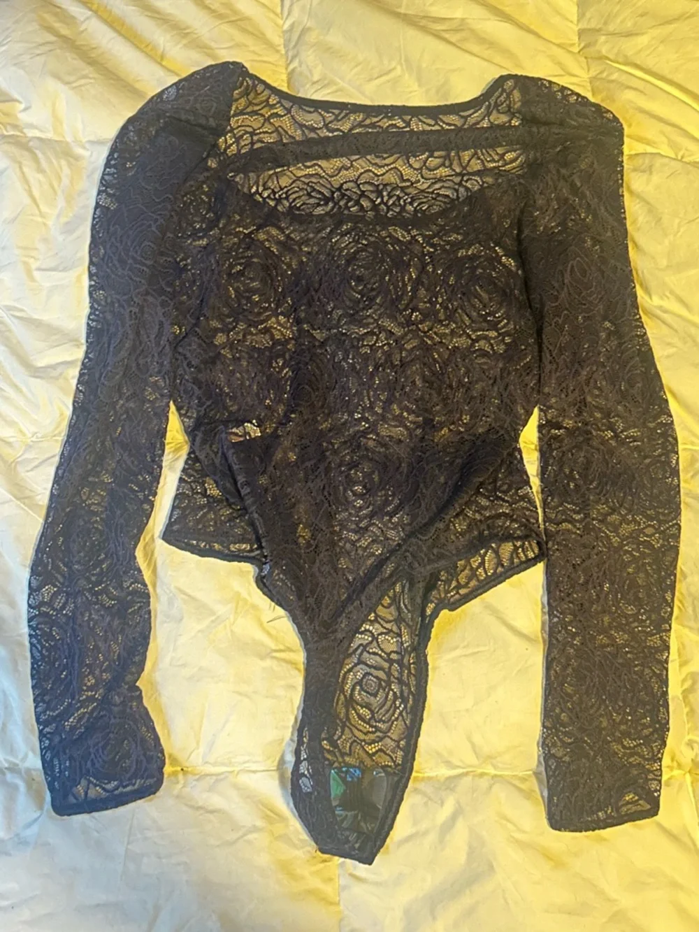 Free People Navy Sheer Floral Lace Long-Sleeve Bodysuit